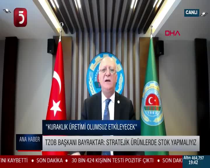 TV 5 + ' - ' + TZOB Genel Başkanı Şemsi Bayraktar, görüntülü basın açıklamasıyla Tarımda Kuraklık Raporu’nu açıkladı.